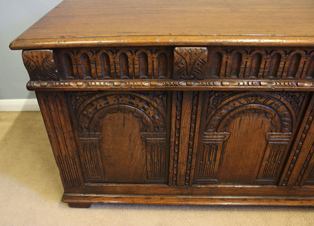 12353r7 Antique Carved Oak Coffer Blanket Chest, Antique Carved Oak Coffer Blanket Chest
