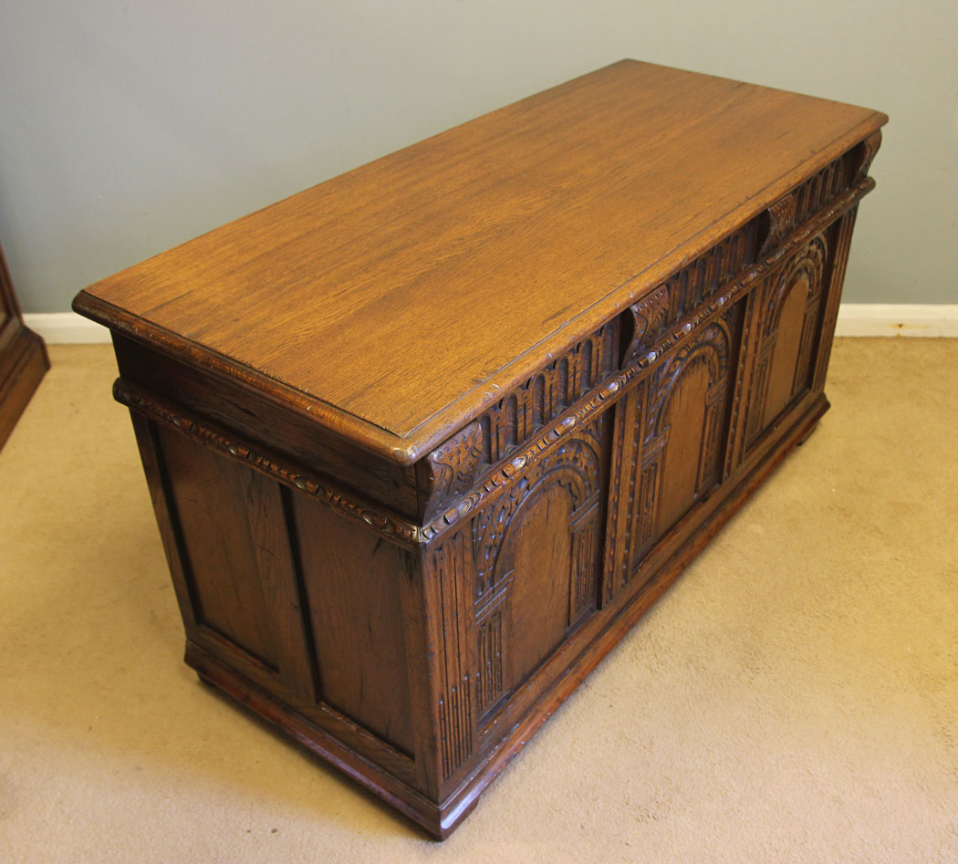 12353r8 Antique Carved Oak Coffer Blanket Chest, Antique Carved Oak Coffer Blanket Chest