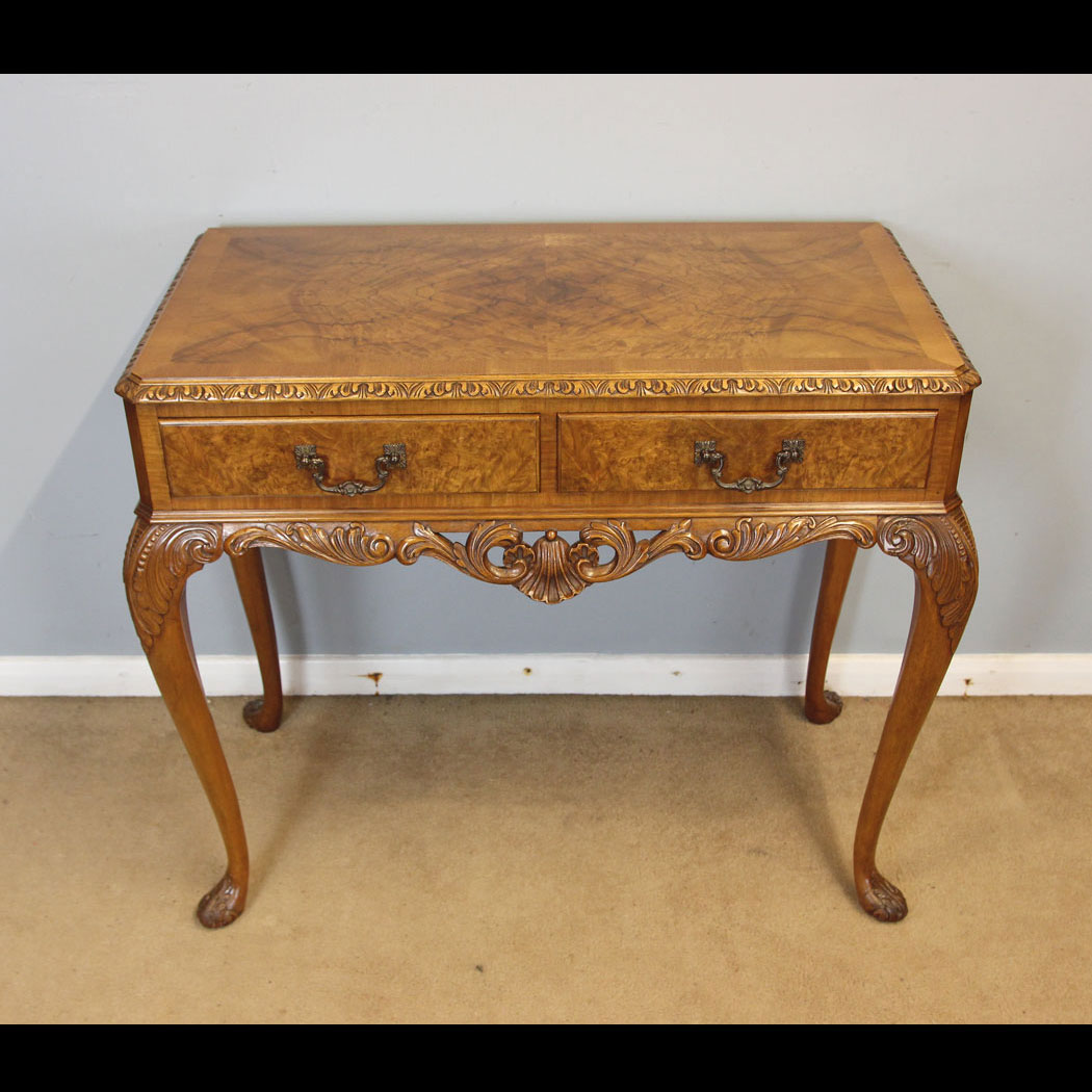 12359r01 Antique Burr Walnut Serving Side Table, Antique Burr Walnut Queen Anne Style Console Side Table