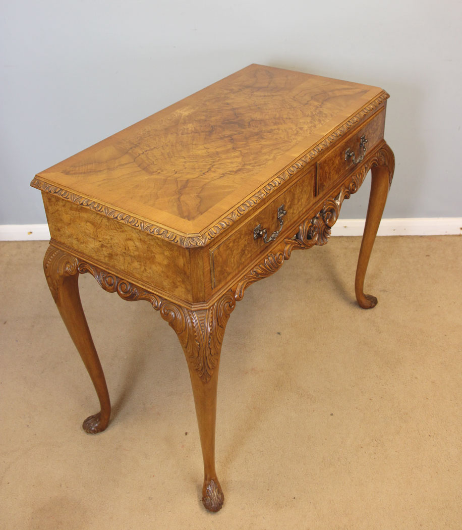 12359r2 Antique Burr Walnut Serving Side Table, Antique Burr Walnut Queen Anne Style Console Side Table