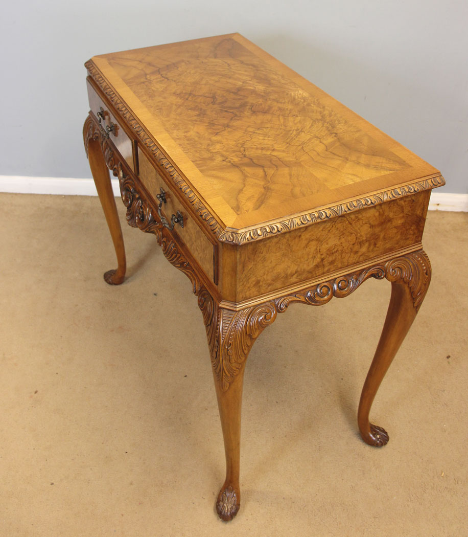 12359r4 Antique Burr Walnut Serving Side Table, Antique Burr Walnut Queen Anne Style Console Side Table