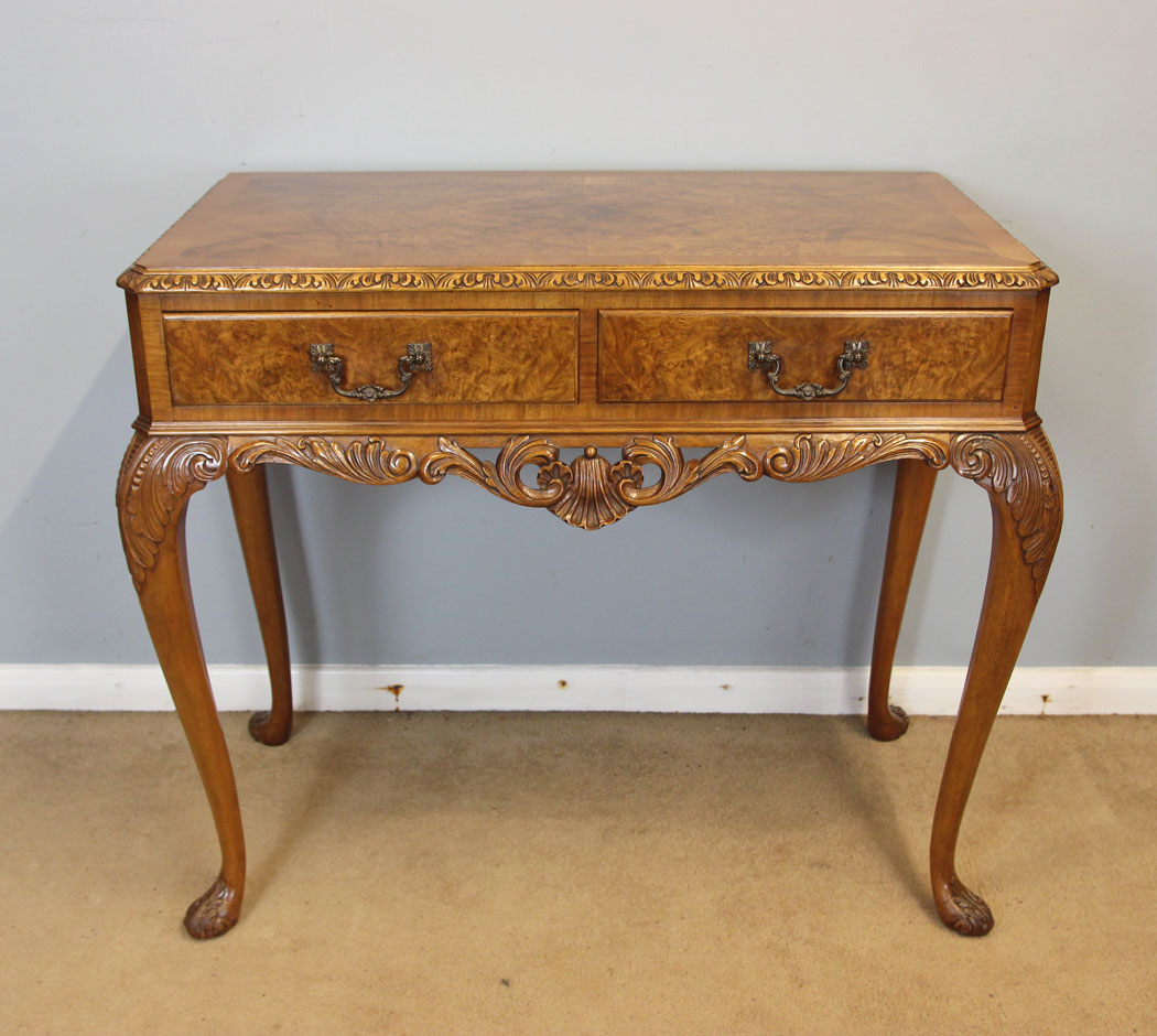 12359r8 Antique Burr Walnut Serving Side Table, Antique Burr Walnut Queen Anne Style Console Side Table