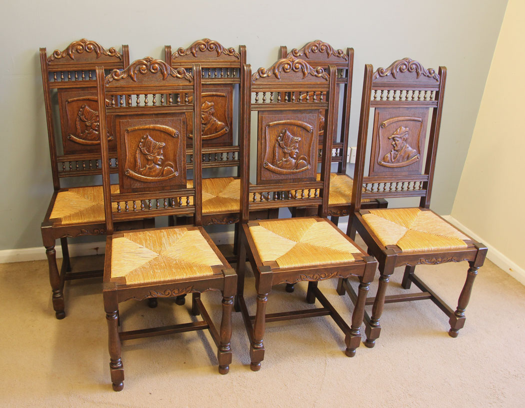 12369r1 Antique Set of Six Carved Oak Dining Chairs, Antique Set of Six Carved Oak Dining Chairs