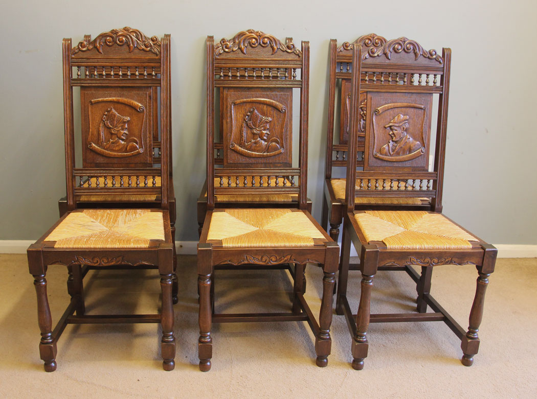12369r9 Antique Set of Six Carved Oak Dining Chairs, Antique Set of Six Carved Oak Dining Chairs