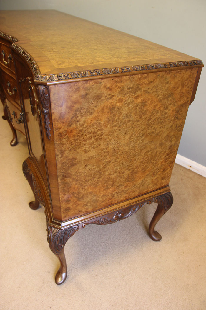 12372r11 Burr Walnut Queen Anne Style Sideboard, Antique Burr Walnut Queen Anne Style Sideboard Dresser