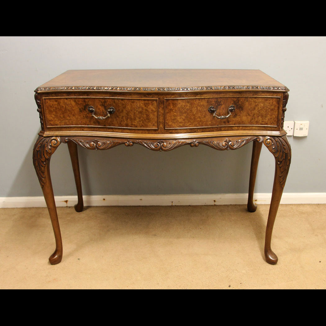 12377r01 Antique Burr Walnut Serving Side Table, Antique Serpentine Burr Walnut Serving Side Table