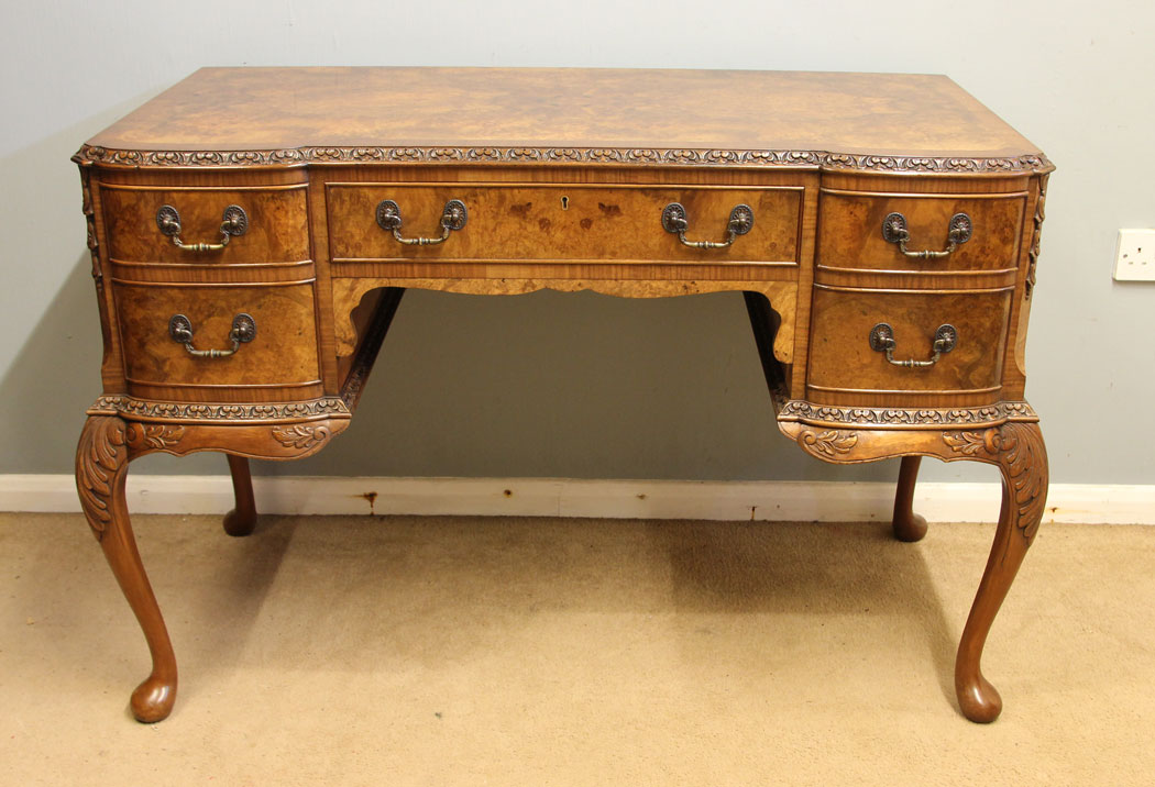 12379r10 Antique Burr Walnut Dressing Table, Antique Shaped Burr Walnut Side Writing Table