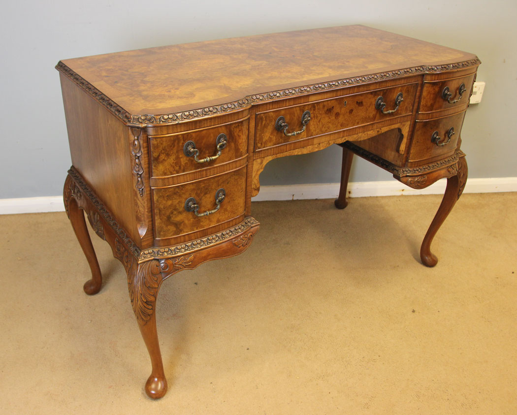 12379r2 Antique Burr Walnut Side Table Writing Desk, Antique Shaped Burr Walnut Side Writing Table