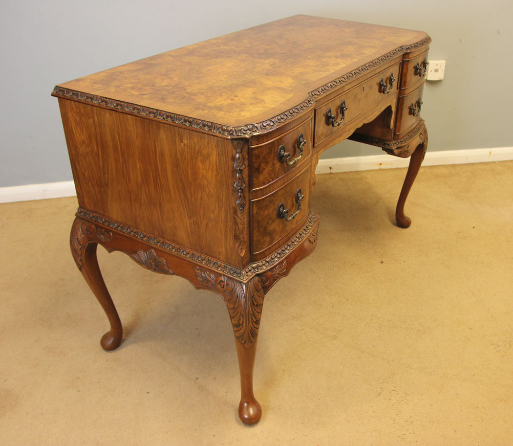 12379r3 Antique Burr Walnut Dressing Table Writing Desk, Antique Shaped Burr Walnut Side Writing Table