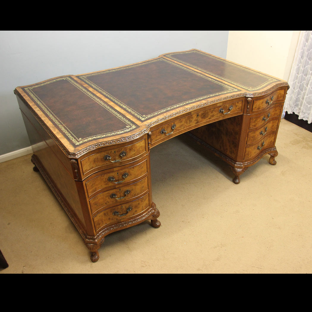 12386r01 Large Antique Burr Walnut Partners Pedestal Desk, Large Antique Burr Walnut Partners Pedestal Writing Desk