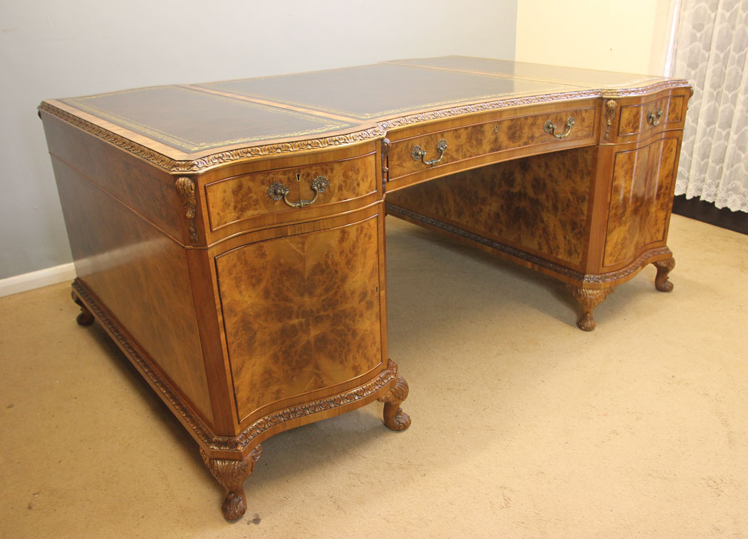12386r012 Large Quality Antique Burr Walnut Partners Desk, Large Antique Burr Walnut Partners Pedestal Writing Desk