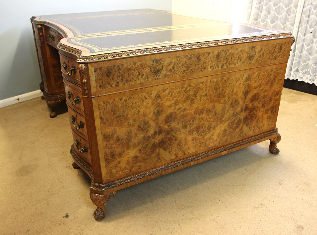 12386r013 Large Quality Antique Burr Walnut Partners Desk, Large Antique Burr Walnut Partners Pedestal Writing Desk