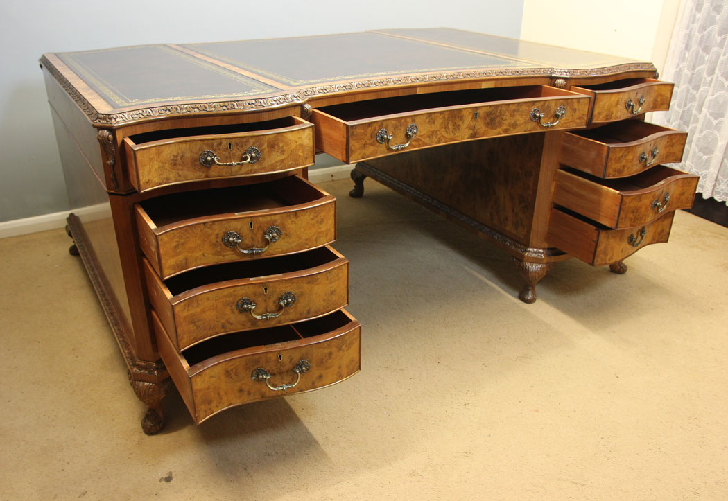 12386r10 Large Antique Burr Walnut Partners Desk, Large Antique Burr Walnut Partners Pedestal Writing Desk