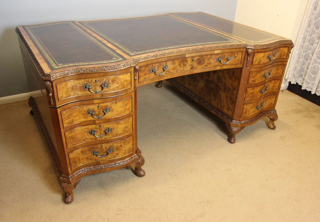12386r12 Large Quality Antique Burr Walnut Partners Desk, Large Antique Burr Walnut Partners Pedestal Writing Desk