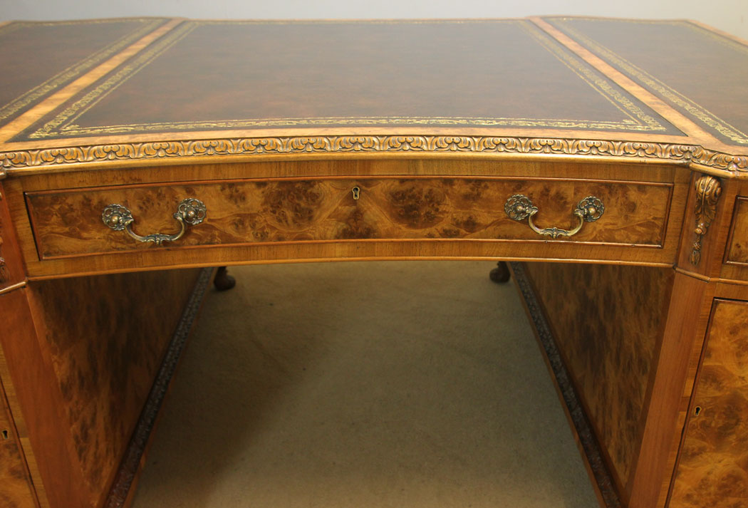 12386r13 Large Quality Antique Burr Walnut Partners Desk, Large Antique Burr Walnut Partners Pedestal Writing Desk