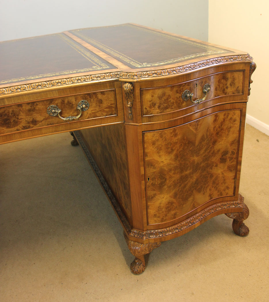 12386r14 Large Quality Antique Burr Walnut Partners Desk, Large Antique Burr Walnut Partners Pedestal Writing Desk