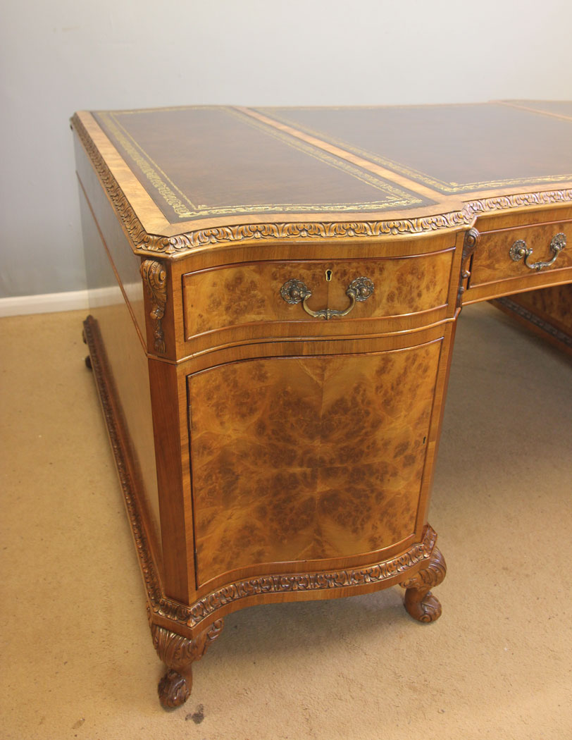 12386r15 Large Quality Antique Burr Walnut Partners Desk, Large Antique Burr Walnut Partners Pedestal Writing Desk