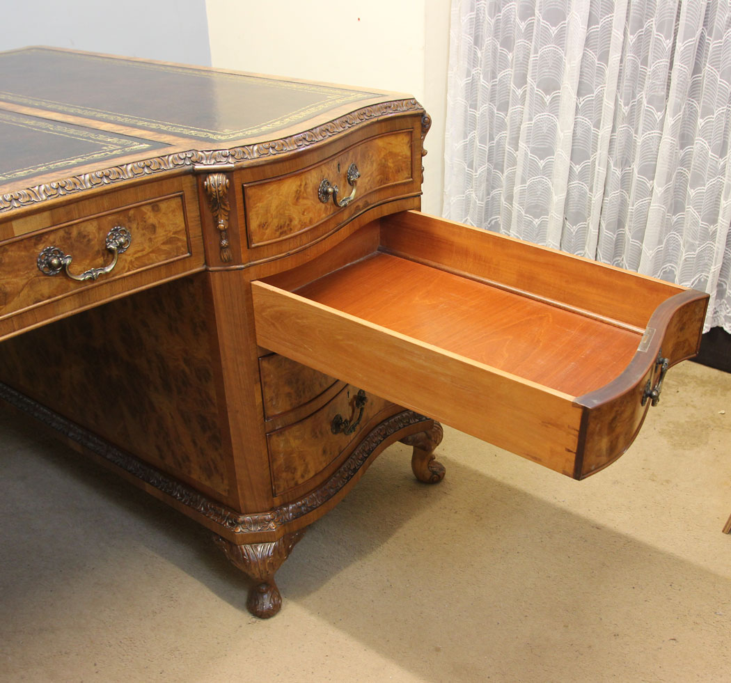 12386r16 Large Quality Antique Burr Walnut Partners Desk, Large Antique Burr Walnut Partners Pedestal Writing Desk