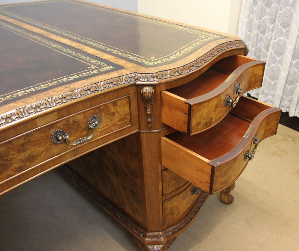 12386r17 Large Quality Antique Burr Walnut Partners Desk, Large Antique Burr Walnut Partners Pedestal Writing Desk