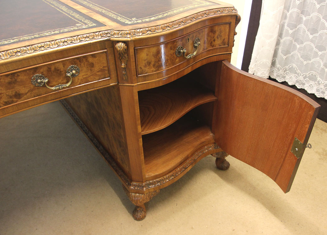 12386r18 Large Antique Burr Walnut Partners Pedestal Desk, Large Antique Burr Walnut Partners Pedestal Writing Desk