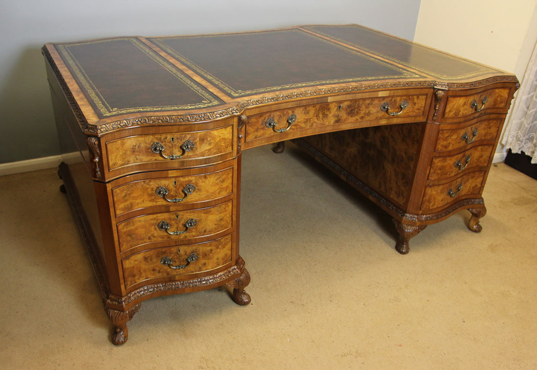 12386r2 Large Antique Burr Walnut Partners Pedestal Desk, Large Antique Burr Walnut Partners Pedestal Writing Desk