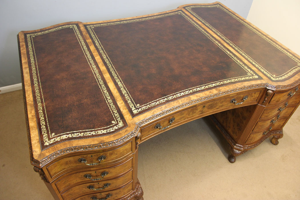 12386r4 Large Antique Burr Walnut Partners Pedestal Desk, Large Antique Burr Walnut Partners Pedestal Writing Desk