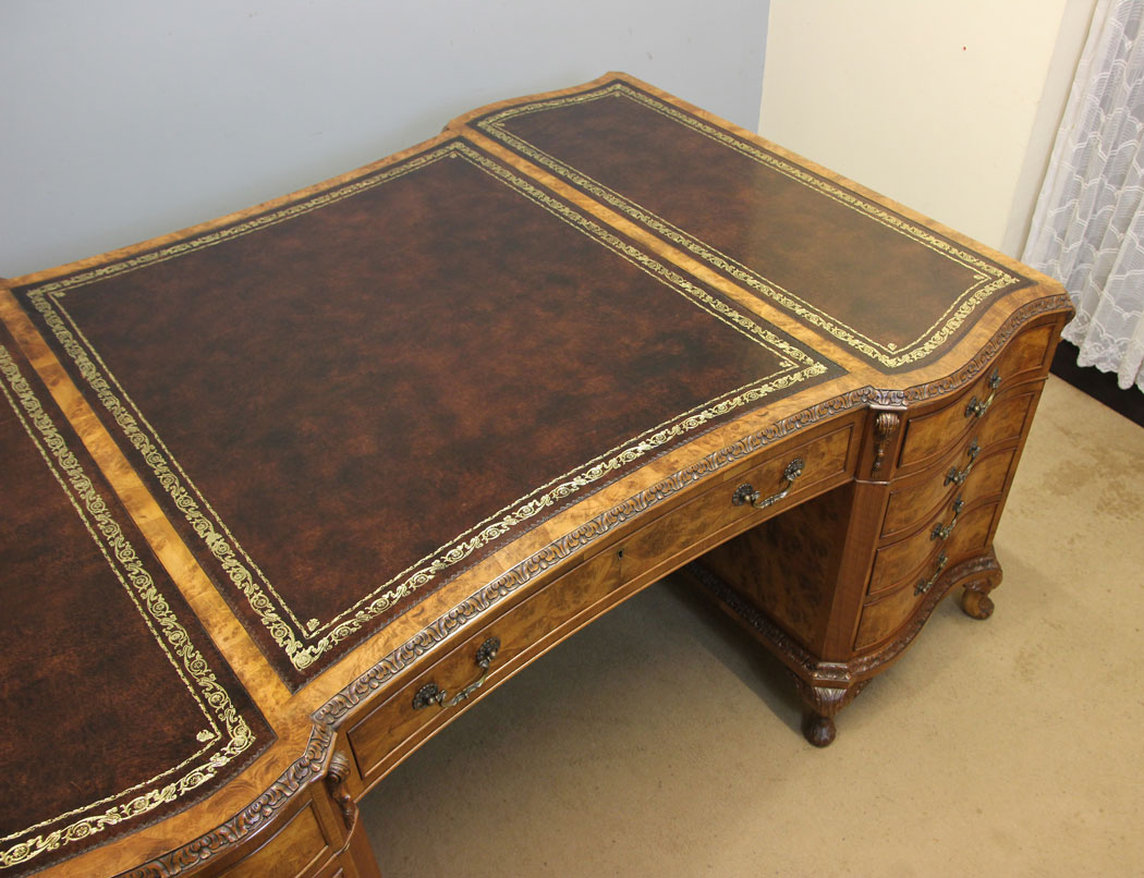 12386r6 Large Antique Burr Walnut Partners Desk, Large Antique Burr Walnut Partners Pedestal Writing Desk