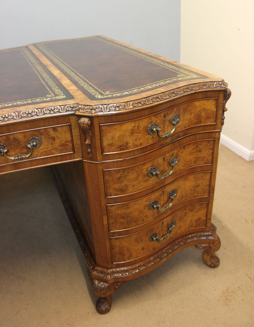 12386r7 Large Antique Burr Walnut Partners Desk, Large Antique Burr Walnut Partners Pedestal Writing Desk