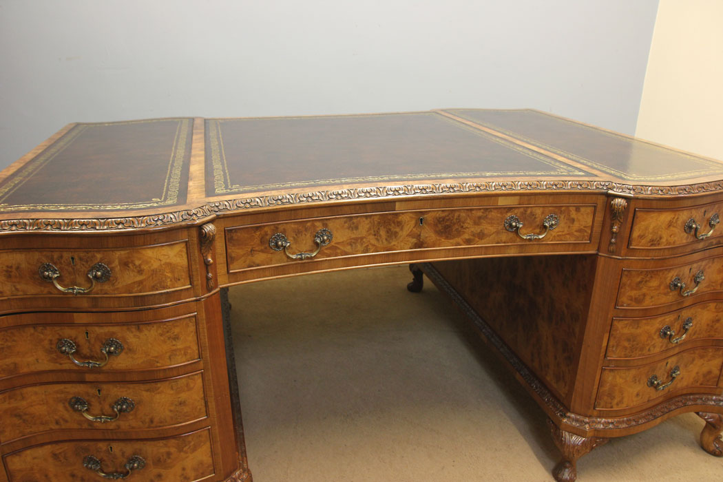 12386r8 Large Antique Burr Walnut Partners Desk, Large Antique Burr Walnut Partners Pedestal Writing Desk
