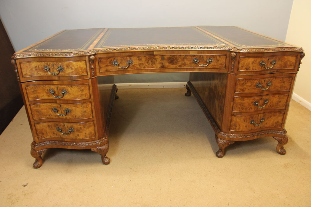 12386r9 Large Antique Burr Walnut Partners Desk, Large Antique Burr Walnut Partners Pedestal Writing Desk
