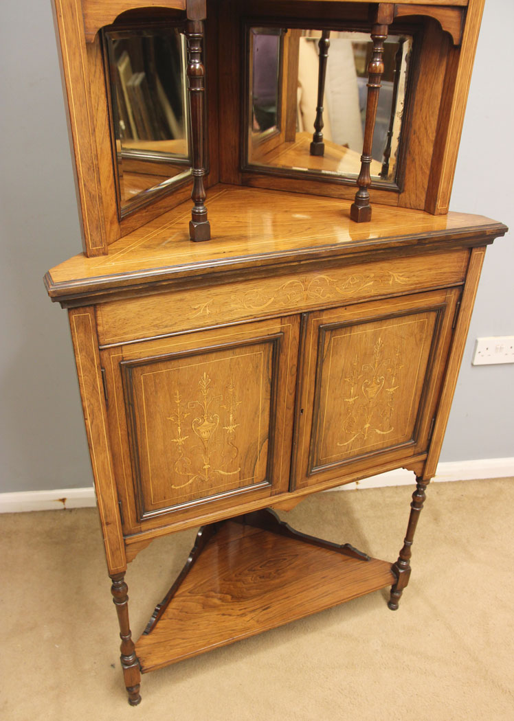12387r11 Antique Late 19th Century Rosewood Inlaid Corner Cabinet, Antique Late 19th Century Rosewood Inlaid Corner Cabinet