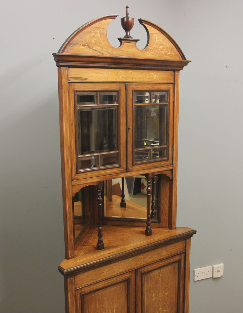 12387r3 Antique Late 19th Century Rosewood Inlaid Corner Cabinet, Antique Late 19th Century Rosewood Inlaid Corner Cabinet