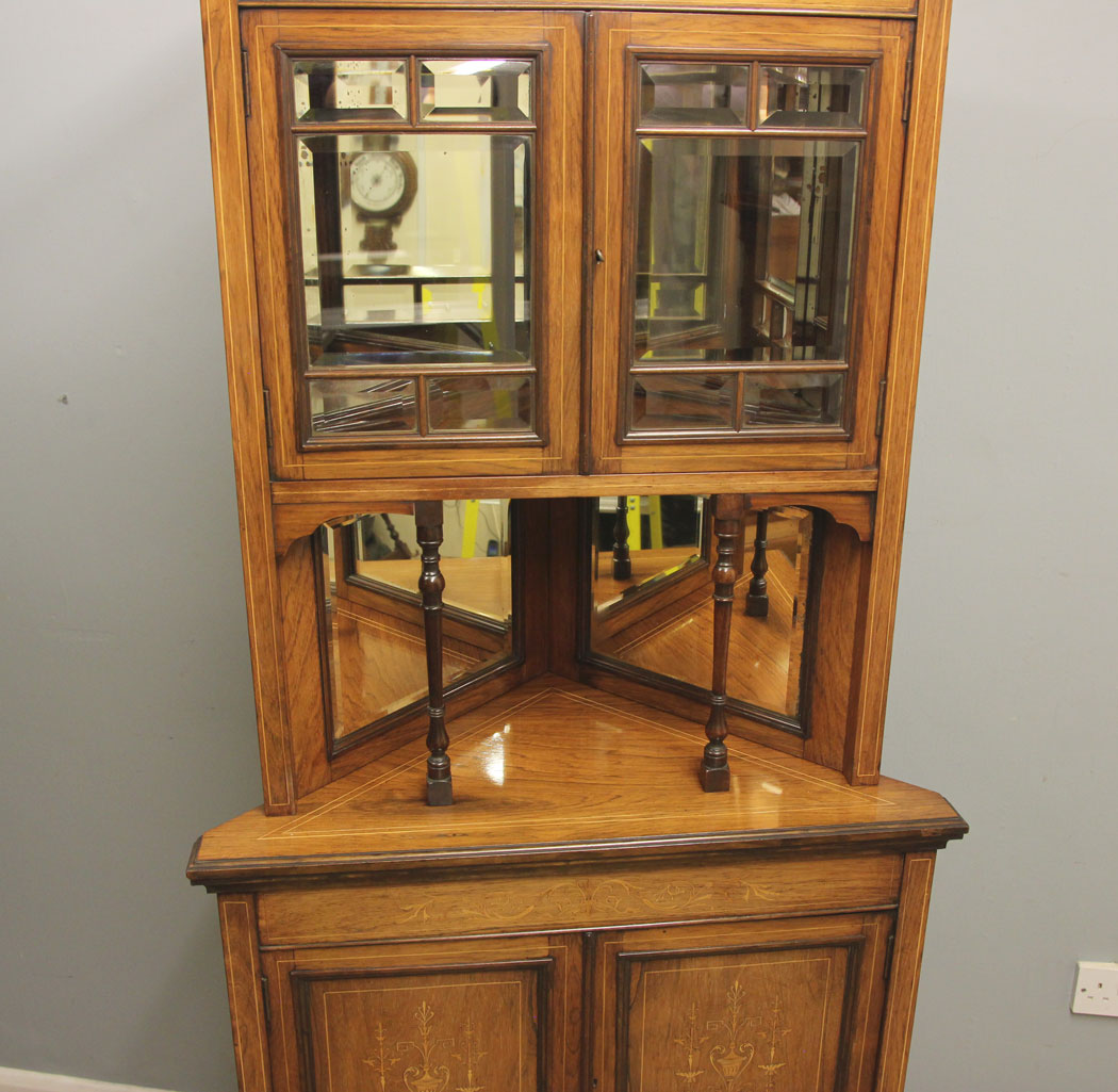 12387r7 Antique Late 19th Century Rosewood Inlaid Corner Cabinet, Antique Late 19th Century Rosewood Inlaid Corner Cabinet