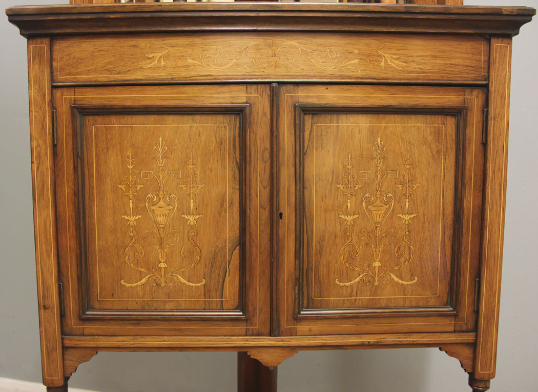 12387r9 Antique Late 19th Century Rosewood Inlaid Corner Cabinet, Antique Late 19th Century Rosewood Inlaid Corner Cabinet
