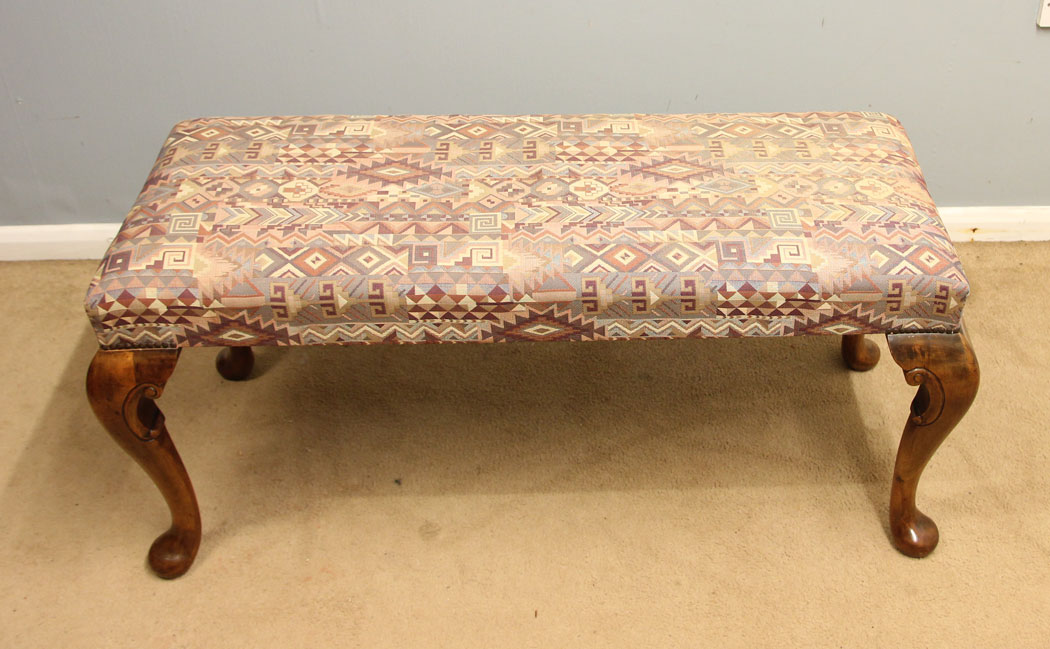 12389r3 Antique Walnut Long Duet Cabriol Leg Stool, Antique Walnut Long Duet Cabriole Leg Stool. This walnut antique duet / long / cabriole leg stool window seat has a upholstered padded seat supported cabriole style legs with scroll detail.