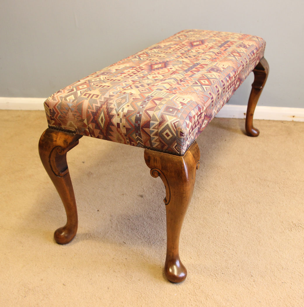 12389r6 Antique Walnut Long Duet Cabriol Leg Stool, Antique Walnut Long Duet Cabriole Leg Stool. This walnut antique duet / long / cabriole leg stool window seat has a upholstered padded seat supported cabriole style legs with scroll detail.