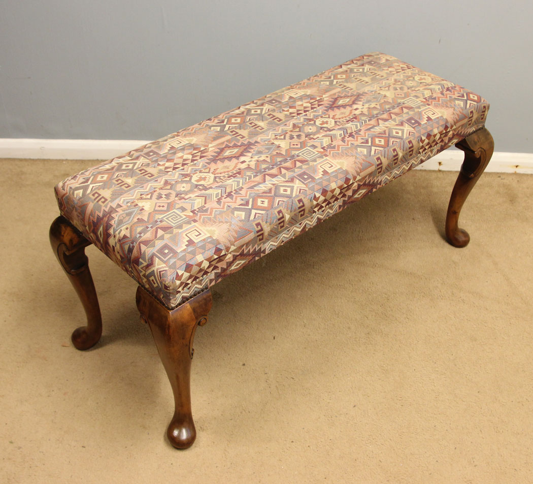 12389r7 Antique Walnut Long Duet Cabriol Leg Stool, Antique Walnut Long Duet Cabriole Leg Stool. This walnut antique duet / long / cabriole leg stool window seat has a upholstered padded seat supported cabriole style legs with scroll detail.