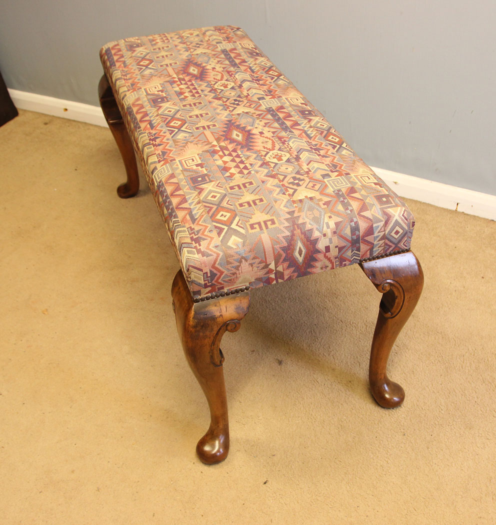 12389r8 Antique Walnut Long Duet Cabriol Leg Stool, Antique Walnut Long Duet Cabriole Leg Stool. This walnut antique duet / long / cabriole leg stool window seat has a upholstered padded seat supported cabriole style legs with scroll detail.
