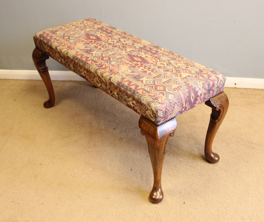 12389r9 Antique Walnut Long Duet Cabriol Leg Stool, Antique Walnut Long Duet Cabriole Leg Stool. This walnut antique duet / long / cabriole leg stool window seat has a upholstered padded seat supported cabriole style legs with scroll detail.