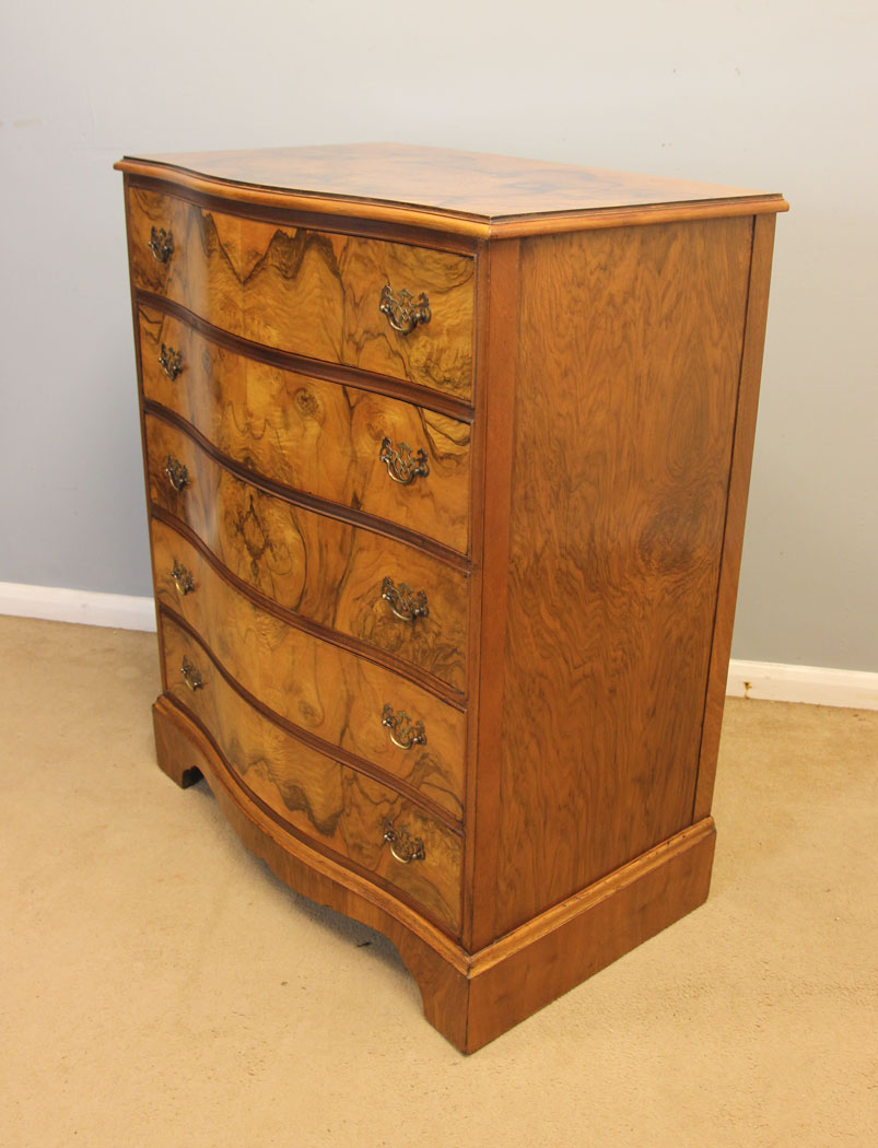 12393r6 Antique Figured Walnut Serpentine Chest of Drawers, Antique Burr Walnut Chest of Drawers