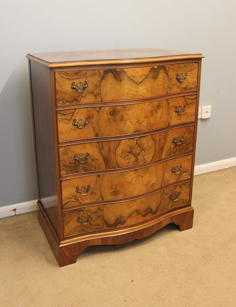 12393r9 Antique Figured Walnut Serpentine Chest of Drawers, Antique Burr Walnut Chest of Drawers