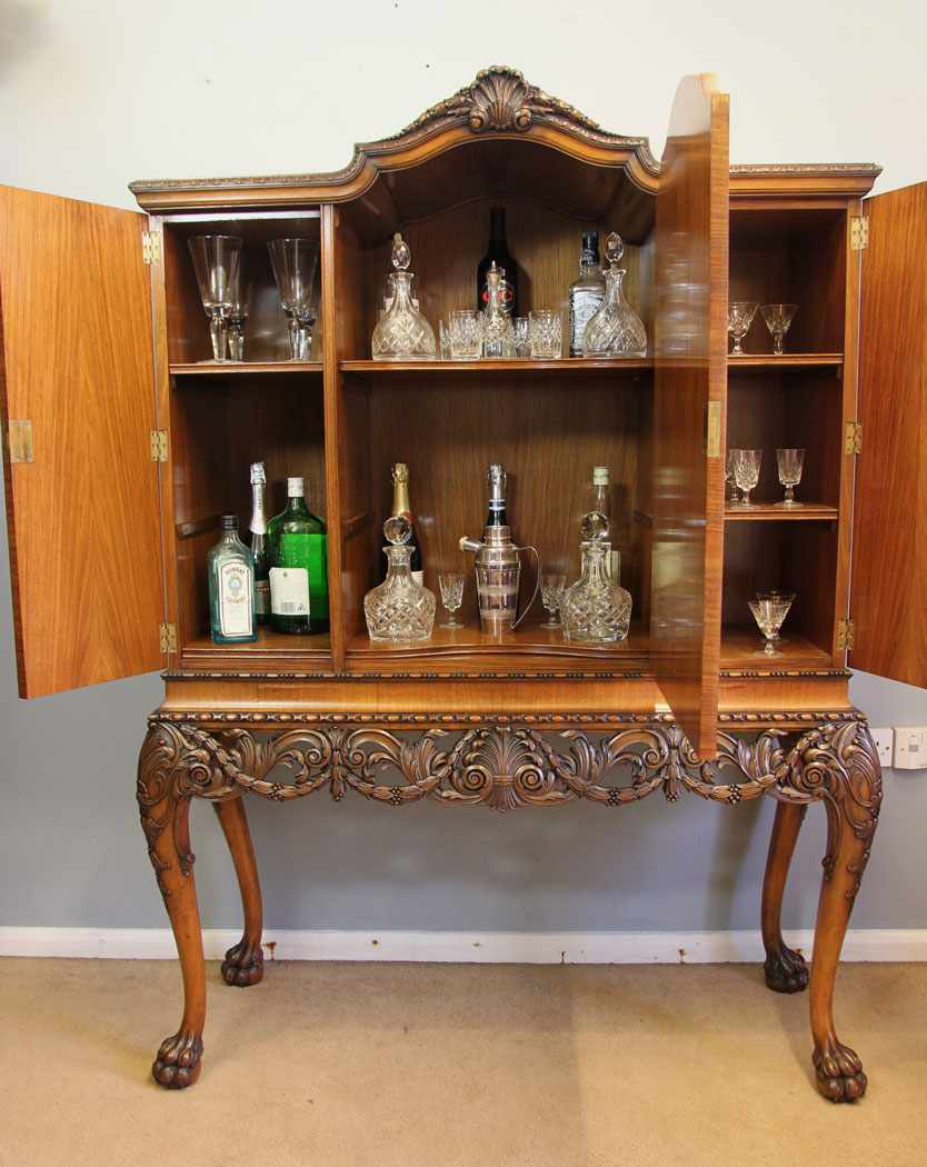 12395r4 Antique Burr Walnut Three Door Cocktail Drinks Cabinet on Stand, Antique Burr Walnut Three Door Cocktail Drinks Side Cabinet