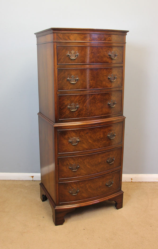 12397r09 Burr Walnut Bow Front Chest on Chest. Burr Walnut Bow Front Tallboy Chest on Chest