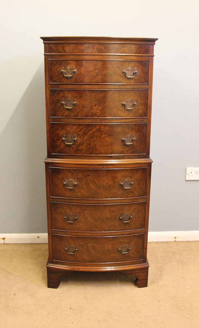 12397r1 Burr Walnut Bow Front Chest on Chest. Burr Walnut Bow Front Tallboy Chest on Chest
