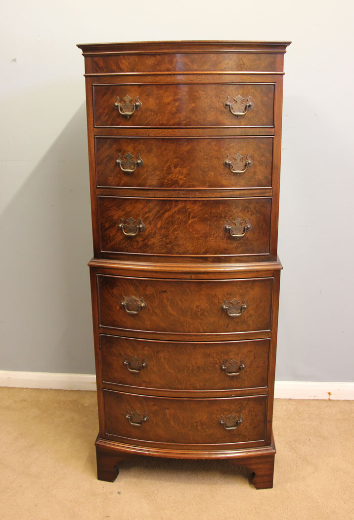 12397r13 Burr Walnut Bow Front Chest on Chest. Burr Walnut Bow Front Tallboy Chest on Chest