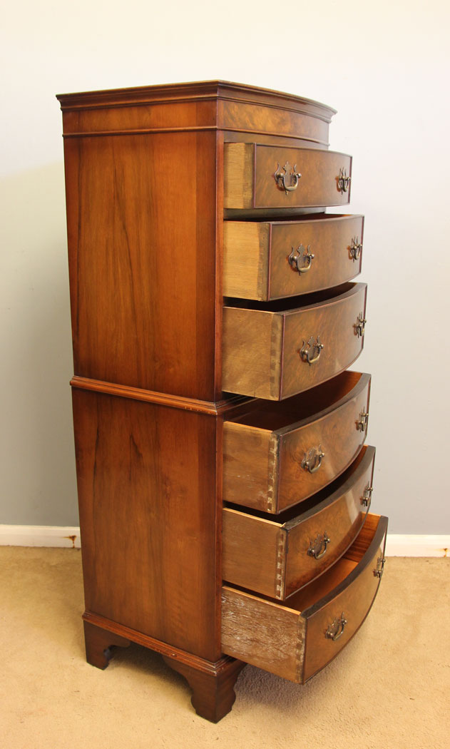 12397r15 Burr Walnut Bow Front Chest on Chest. Burr Walnut Bow Front Tallboy Chest on Chest