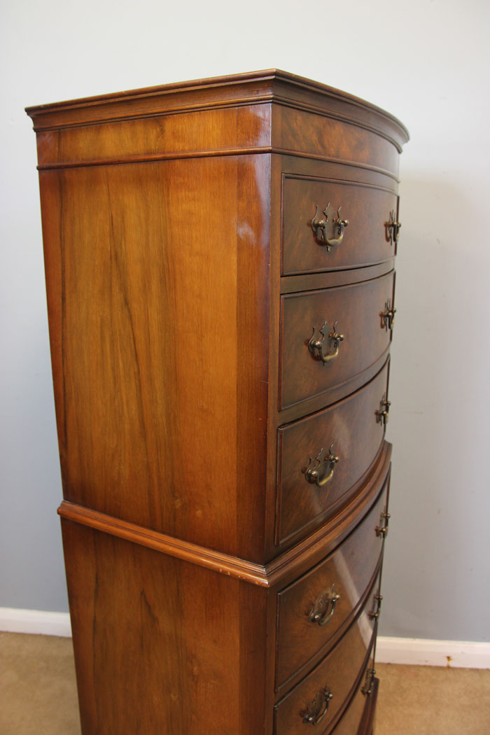 12397r2 Burr Walnut Bow Front Chest on Chest. Burr Walnut Bow Front Tallboy Chest on Chest