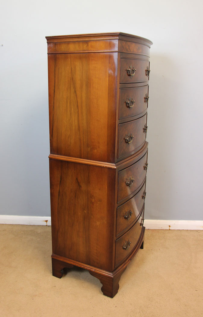 12397r3 Burr Walnut Bow Front Chest on Chest. Burr Walnut Bow Front Tallboy Chest on Chest