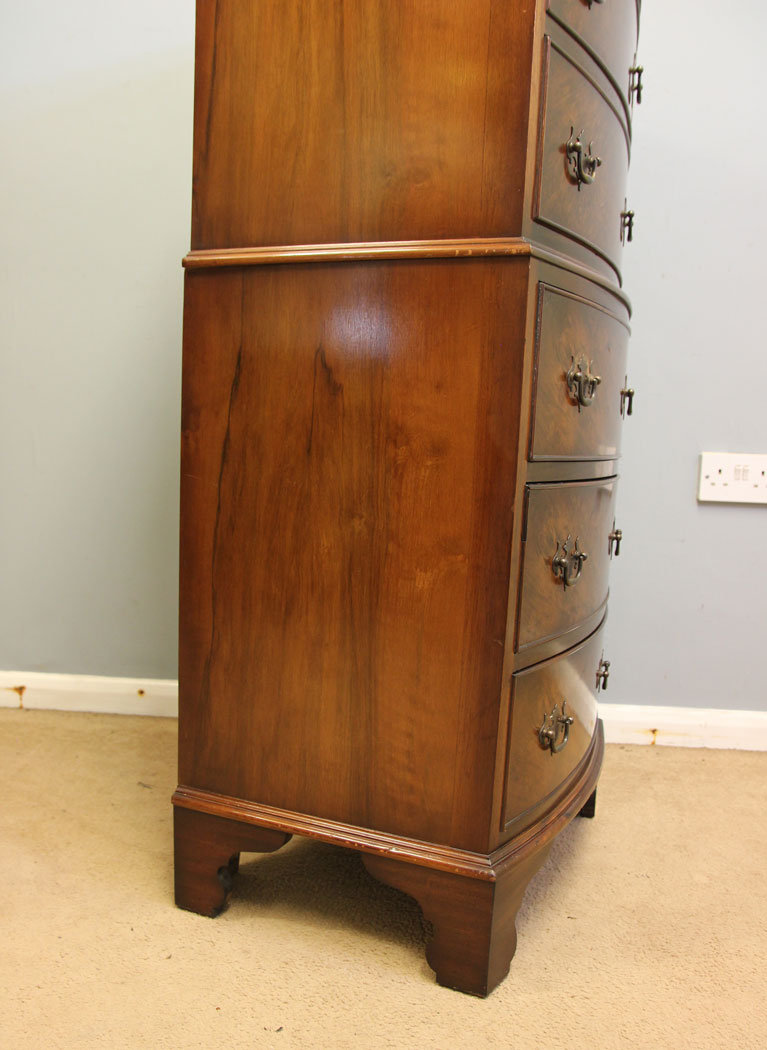 12397r8 Burr Walnut Bow Front Chest on Chest. Burr Walnut Bow Front Tallboy Chest on Chest