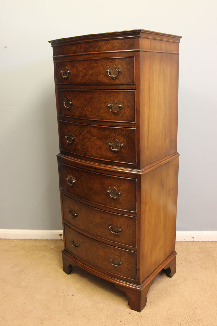 12397r9 Burr Walnut Bow Front Chest on Chest. Burr Walnut Bow Front Tallboy Chest on Chest
